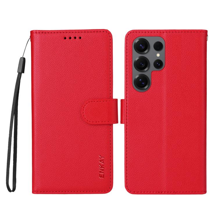 ENKAY - Funda de piel con textura de lichi y función atril para Samsung Galaxy S25 Ultra 5G (roja)
