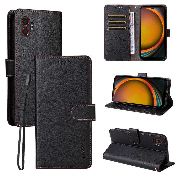 ENKAY - Funda de piel con textura de lichi y función atril para Samsung Galaxy Xcover7 Pro (negro)