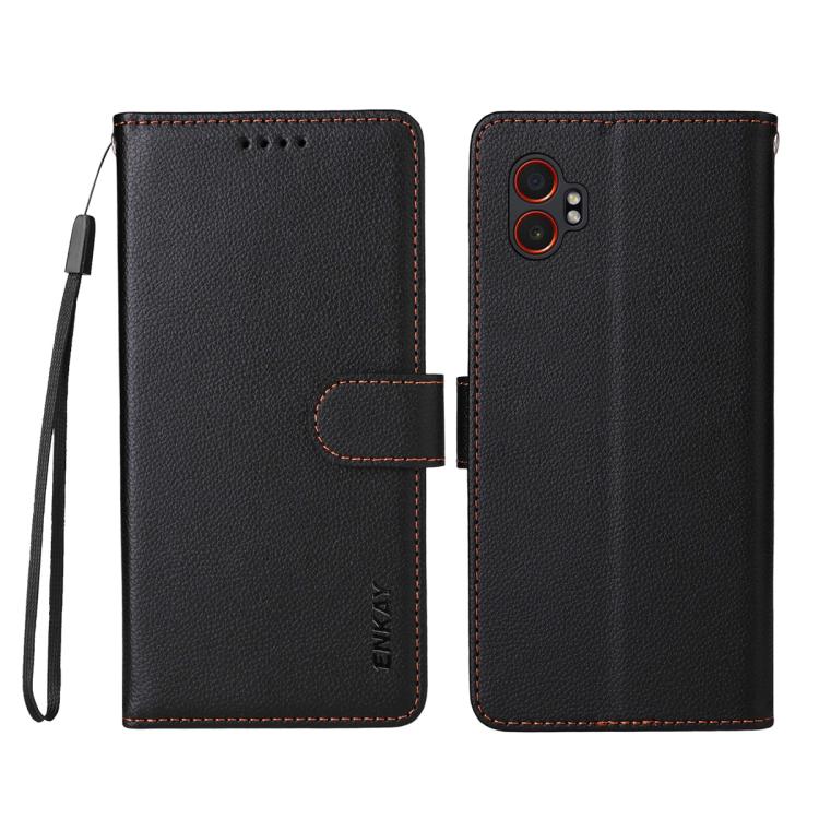 ENKAY - Funda de piel con textura de lichi y función atril para Samsung Galaxy Xcover7 Pro (negro)