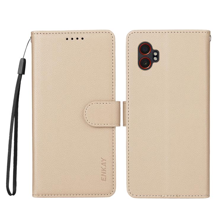 ENKAY - Funda de piel con textura de lichi y función atril para Samsung Galaxy Xcover7 Pro (beige)