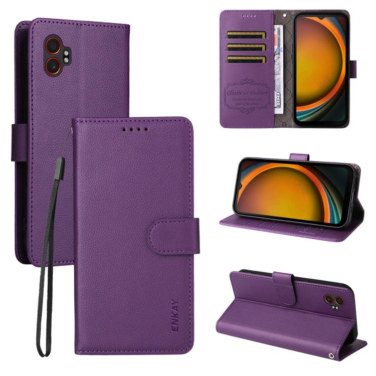 ENKAY - Funda de piel con textura de lichi y función atril para Samsung Galaxy Xcover7 Pro (morado)