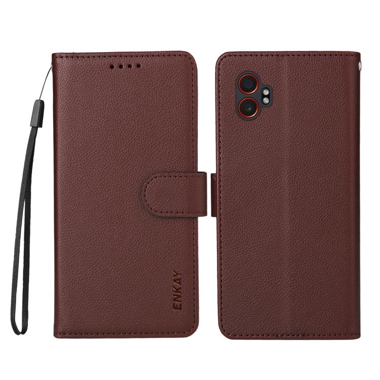 ENKAY - Funda de piel con textura de lichi y función atril para Samsung Galaxy Xcover7 Pro (marrón)