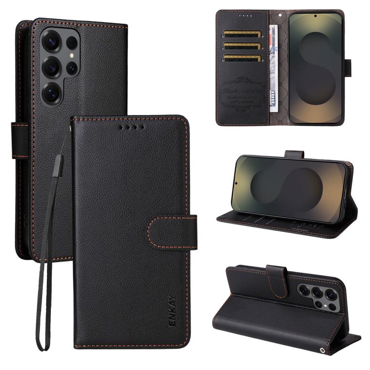 ENKAY - Funda de piel con textura de lichi y función atril para Samsung Galaxy S24 Ultra 5G (negro)