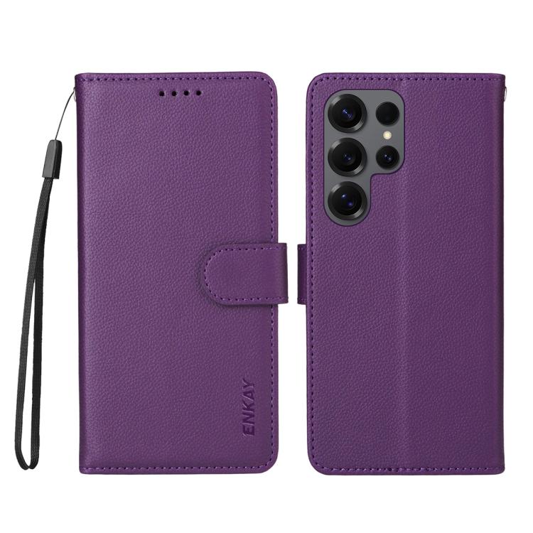 ENKAY - Funda de piel con textura de lichi y función atril para Samsung Galaxy S24 Ultra 5G (morado)