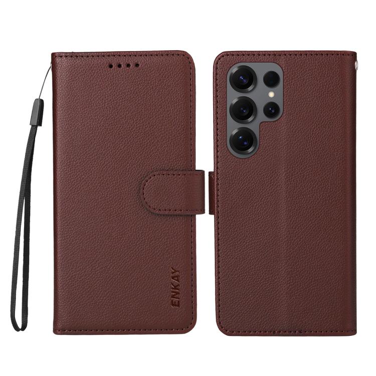 ENKAY - Funda de piel con textura de lichi y función atril para Samsung Galaxy S24 Ultra 5G (marrón)