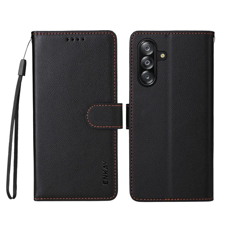 ENKAY - Funda de piel con textura de lichi y función atril para Samsung Galaxy A17 5G / A26 5G / A16 (negro)