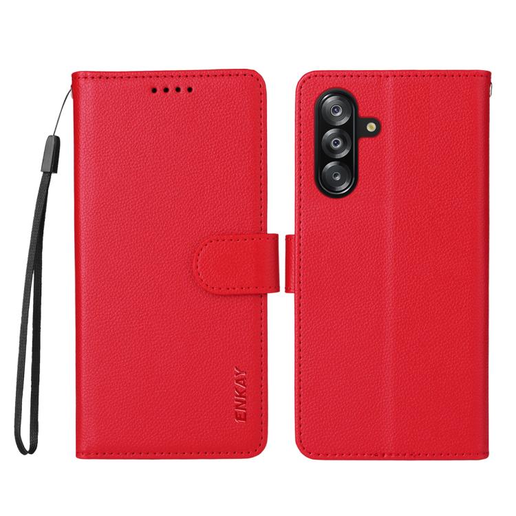 ENKAY - Funda de piel con textura de lichi y función atril para Samsung Galaxy A17 5G / A26 5G / A16 (roja)
