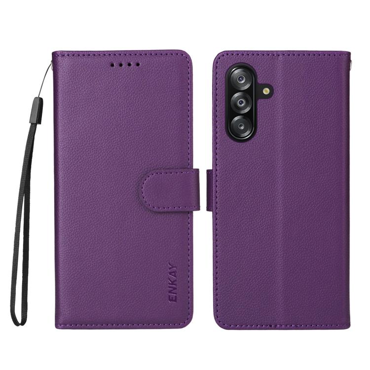ENKAY - Funda de piel con textura de lichi y función atril para Samsung Galaxy A17 5G / A26 5G / A16 (morado)