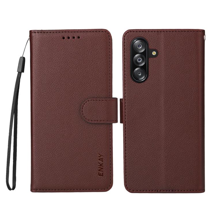 ENKAY - Funda de piel con textura de lichi y función atril para Samsung Galaxy A17 5G / A26 5G / A16 (marrón)