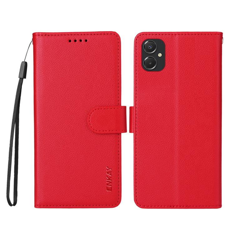 ENKAY - Funda de piel con textura de lichi y función atril para Samsung Galaxy A06 4G/5G (color rojo)