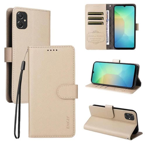 ENKAY - Funda de piel con textura de lichi y función atril para Samsung Galaxy A06 4G/5G (beige)