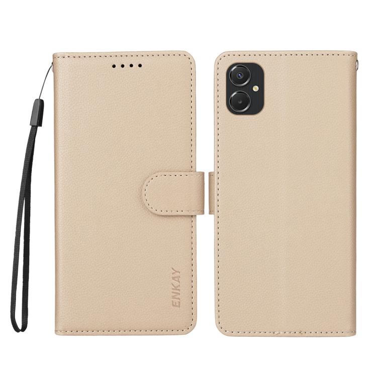 ENKAY - Funda de piel con textura de lichi y función atril para Samsung Galaxy A06 4G/5G (beige)