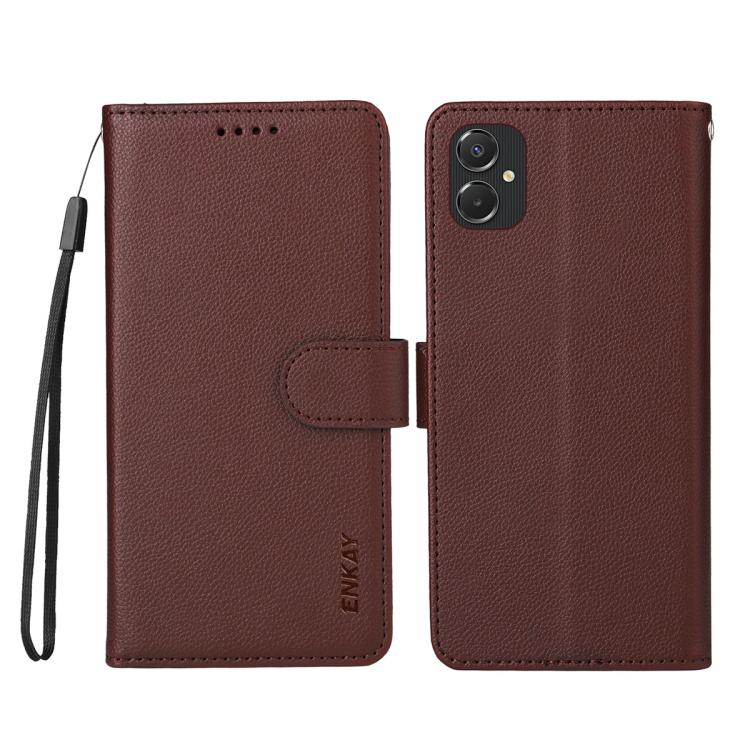ENKAY - Funda de piel con textura de lichi y función atril para Samsung Galaxy A06 4G/5G (marrón)