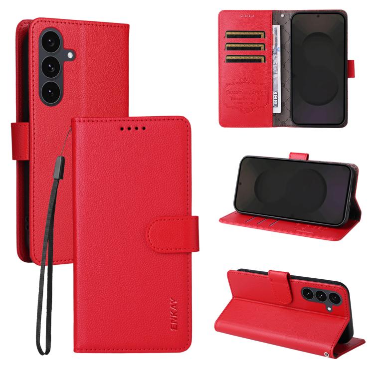 ENKAY - Funda de piel con textura de lichi y función atril para Samsung Galaxy S25+ / S24+ 5G (roja)