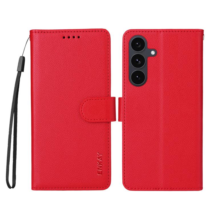 ENKAY - Funda de piel con textura de lichi y función atril para Samsung Galaxy S25+ / S24+ 5G (roja)