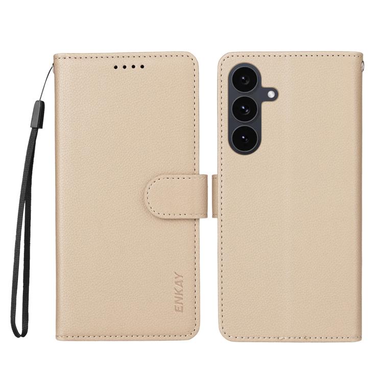 ENKAY - Funda de piel con textura de lichi y función atril para Samsung Galaxy S25+ / S24+ 5G (beige)