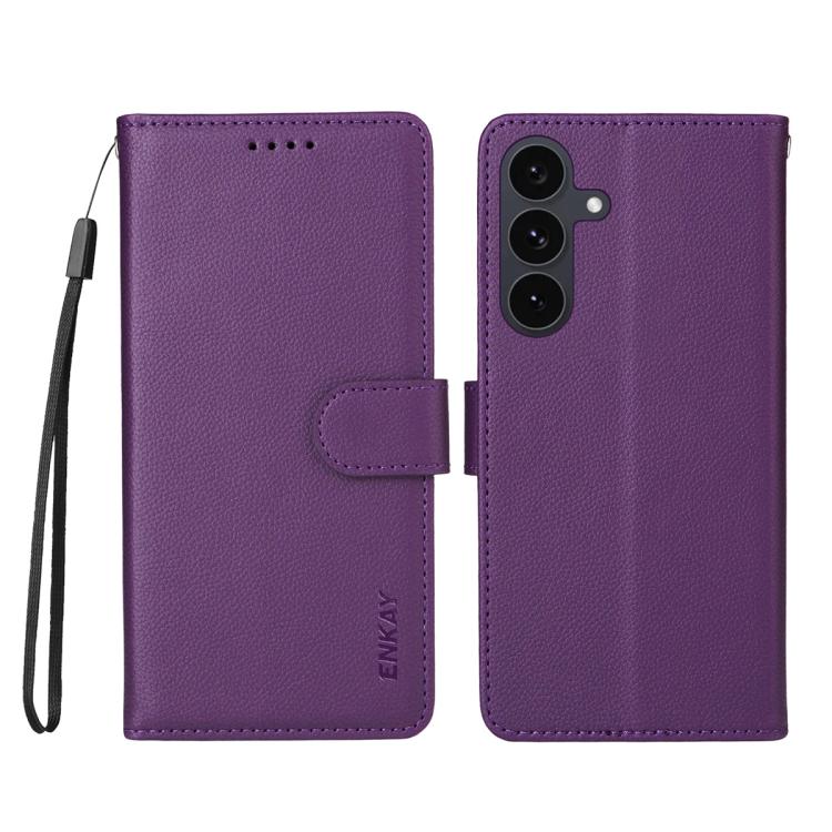 ENKAY - Funda de piel con textura de lichi y función atril para Samsung Galaxy S25+ / S24+ 5G (morado)
