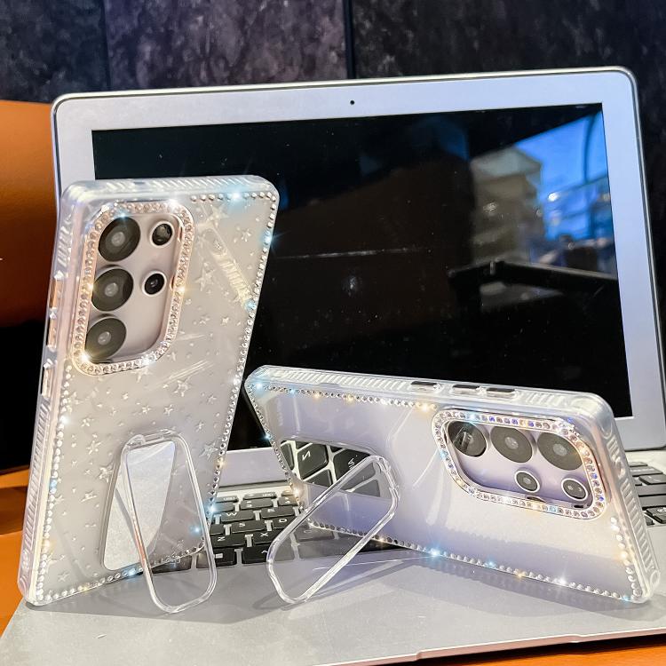 Funda de TPU con purpurina y diamantes de imitación para Samsung Galaxy A17 5G, anticaída, con 4 esquinas y soporte (Estrellas transparentes)
