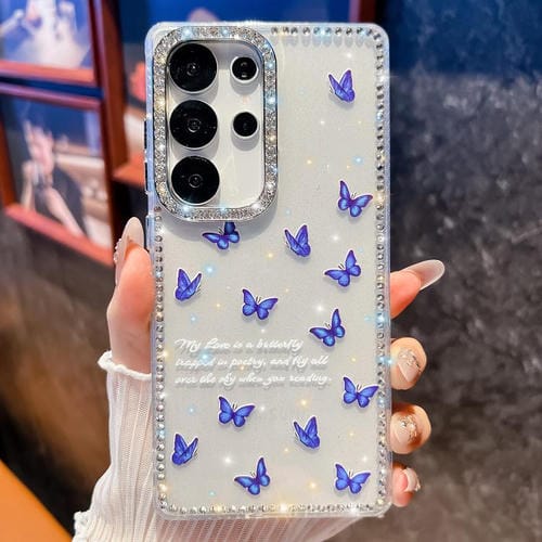 Funda a prueba de golpes con diseño de mariposa y brillo de diamante para Samsung Galaxy S23 Ultra 5G (Mariposa azul B4)