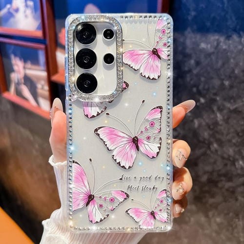 Funda a prueba de golpes con diseño de mariposa y brillo de diamante para Samsung Galaxy S24 Ultra 5G (Mariposa rosa B1)