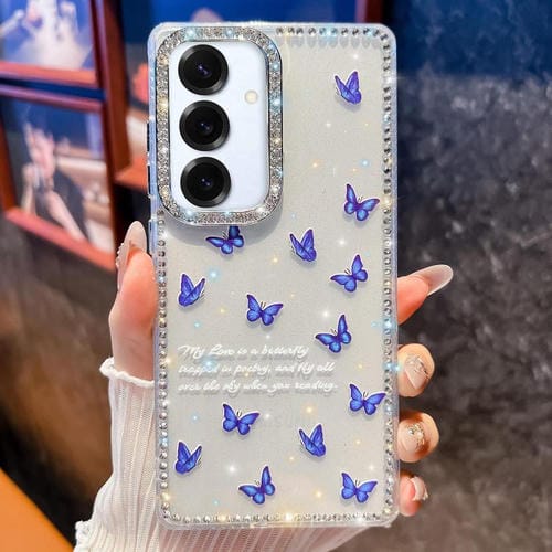 Funda a prueba de golpes con diseño de mariposa y brillo de diamante para Samsung Galaxy S25+ 5G (Mariposa azul B4)