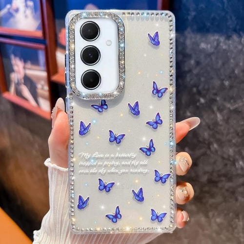 Funda a prueba de golpes con diseño de mariposa y brillo de diamante para Samsung Galaxy A56 5G (Mariposa azul B4)