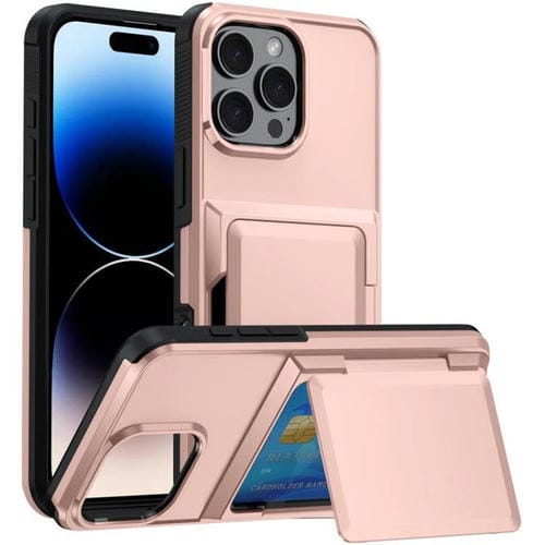 Funda a prueba de golpes Kalebol Flip Card Wallet para iPhone 14 Pro (oro rosa)