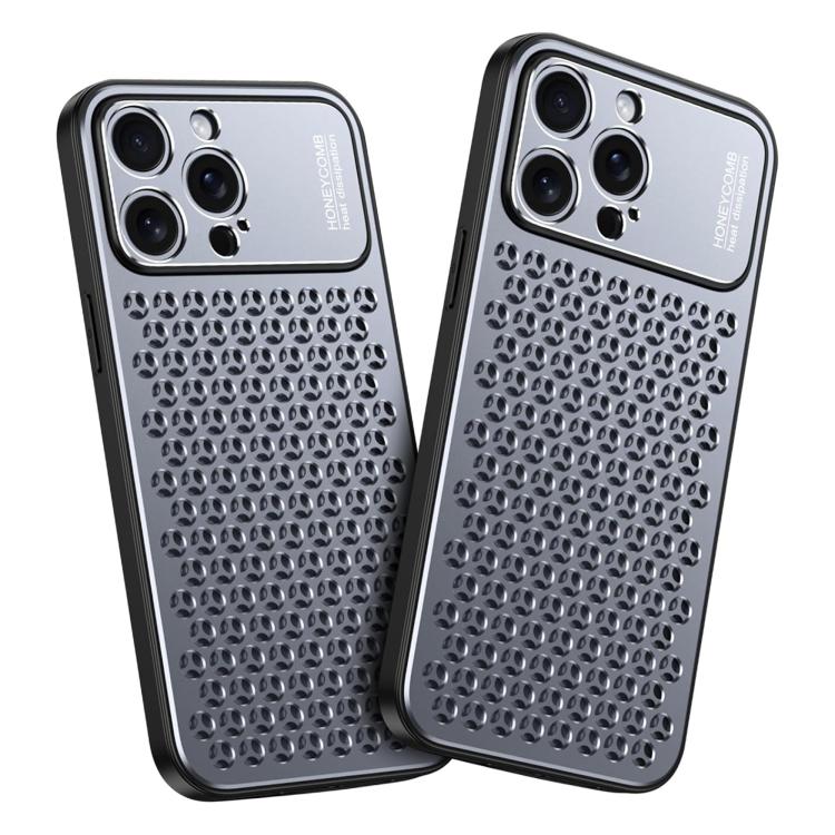 Funda hueca transpirable y refrescante de metal Kalebol para iPhone 16 Pro Max (gris)