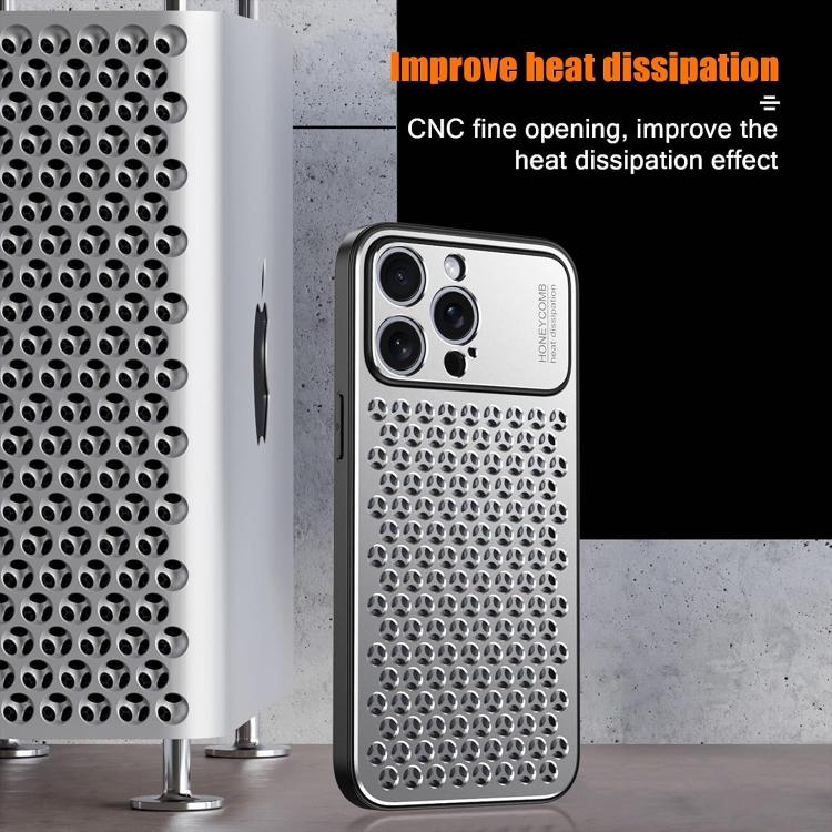 Funda hueca transpirable y refrescante de metal Kalebol para iPhone 15 Pro (gris)