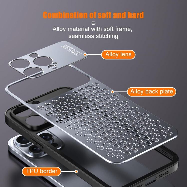 Funda hueca transpirable y refrescante de metal Kalebol para iPhone 16 Plus (gris)