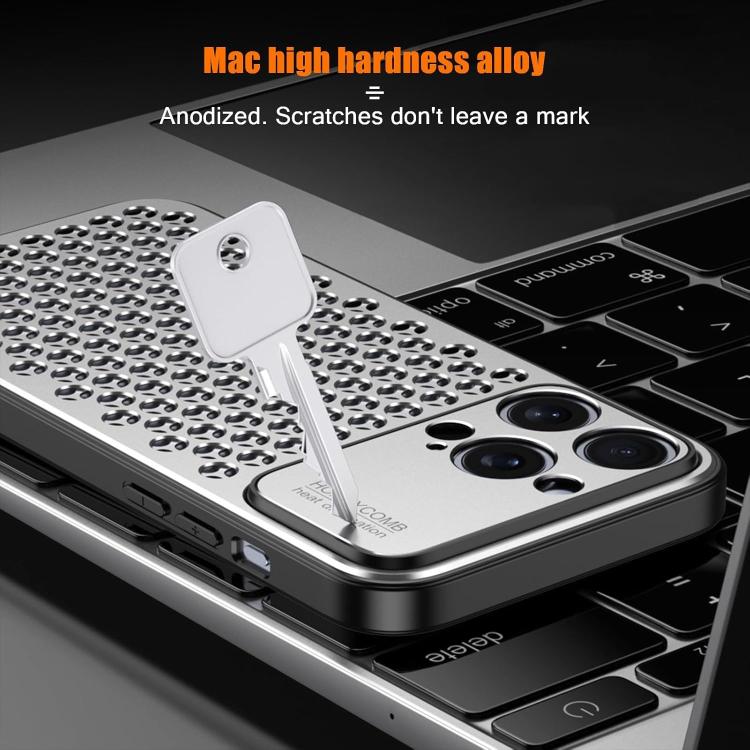 Funda hueca transpirable y refrescante de metal Kalebol para iPhone 16 Plus (gris)