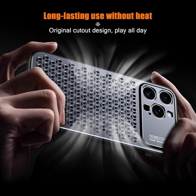 Funda hueca transpirable y refrescante de metal Kalebol para iPhone 15 Pro (gris)