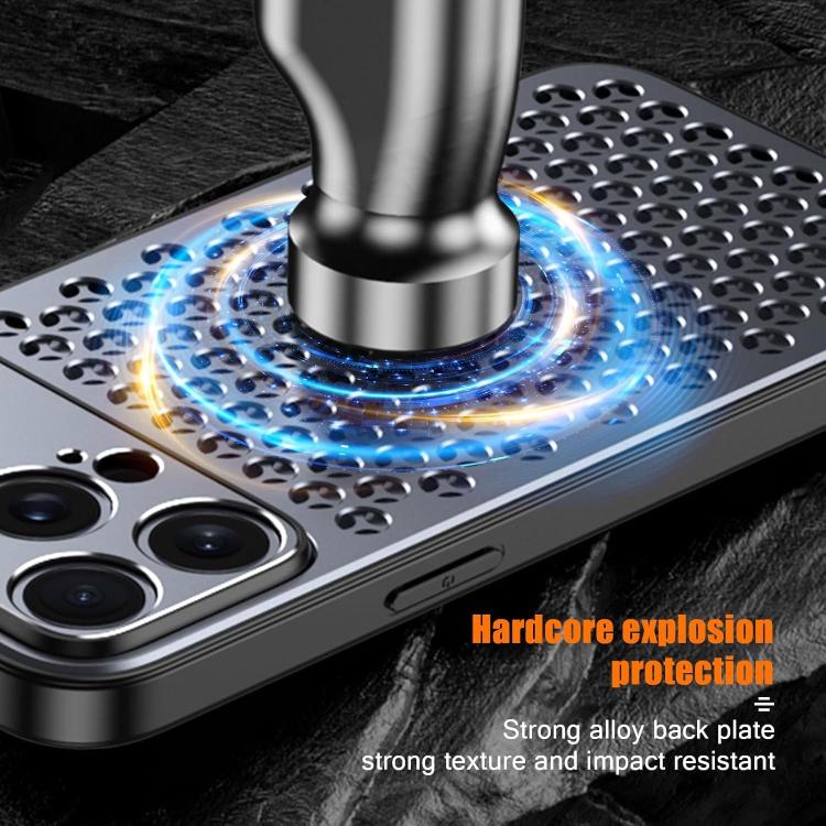 Funda hueca transpirable y refrescante de metal Kalebol para iPhone 15 Pro (gris)