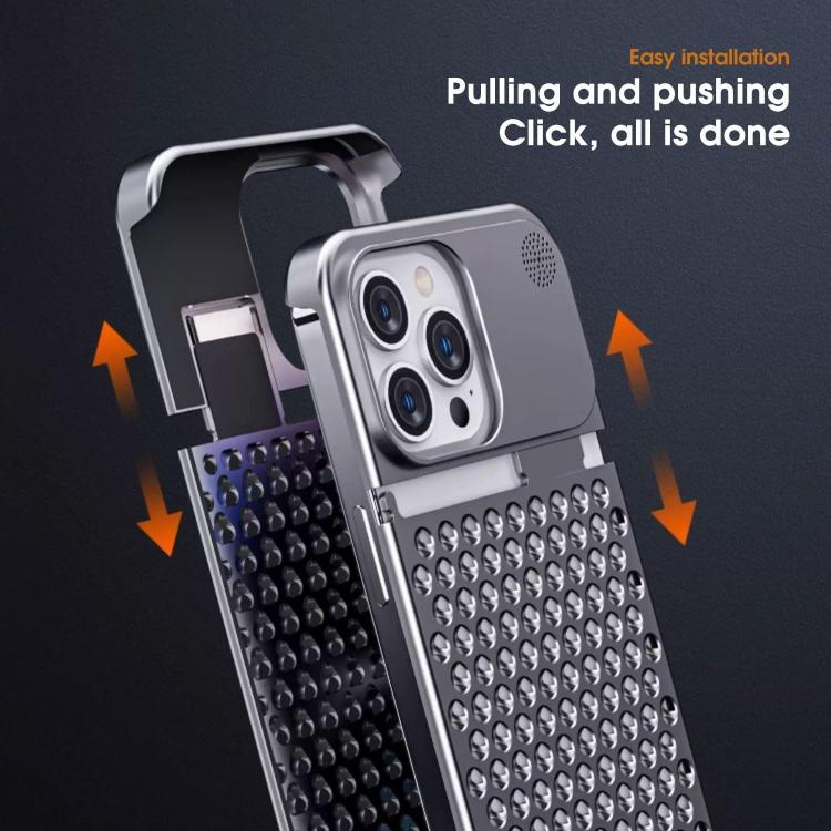 Funda Kalebol de aleación de aluminio con aromaterapia y refrigeración para iPhone 16 Pro Max (plateada)