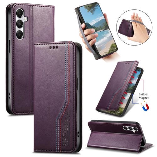 Funda de cuero con correa elástica y ventosa magnética para Samsung Galaxy M36 5G (morado)