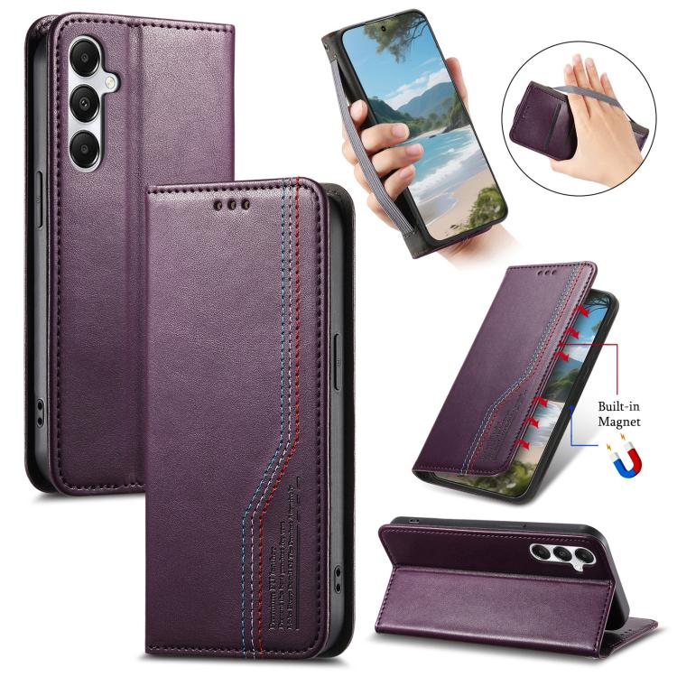 Funda de cuero con correa elástica y ventosa magnética para Samsung Galaxy A26 5G (morado)