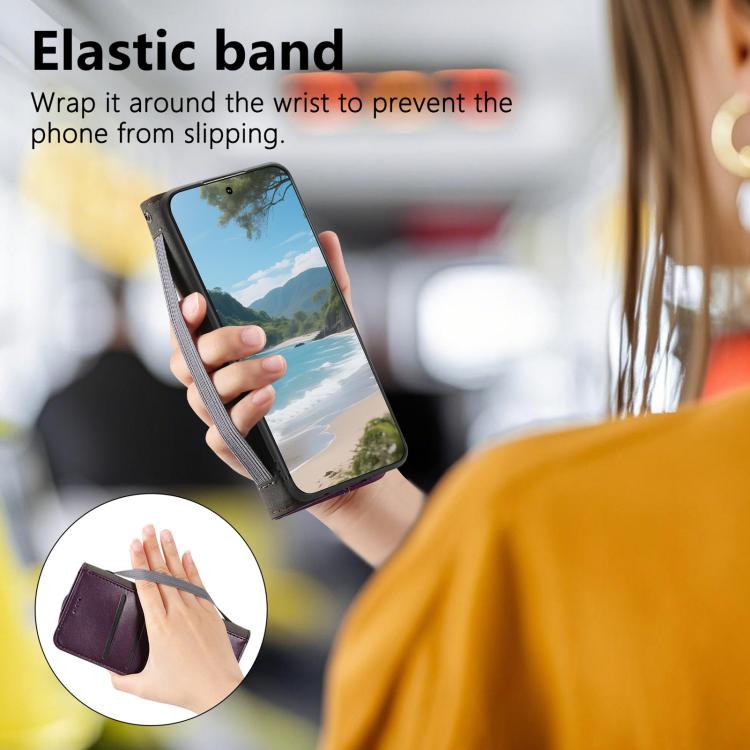 Funda de cuero con correa elástica y ventosa magnética para Samsung Galaxy A16 (morado)