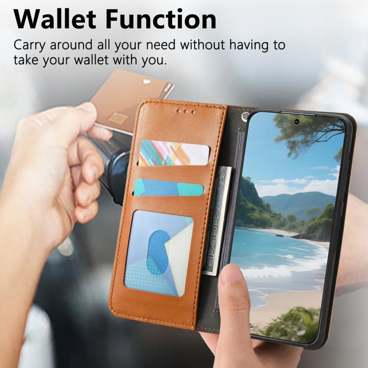 Funda de cuero con correa elástica y ventosa magnética para Samsung Galaxy M15 5G (marrón)