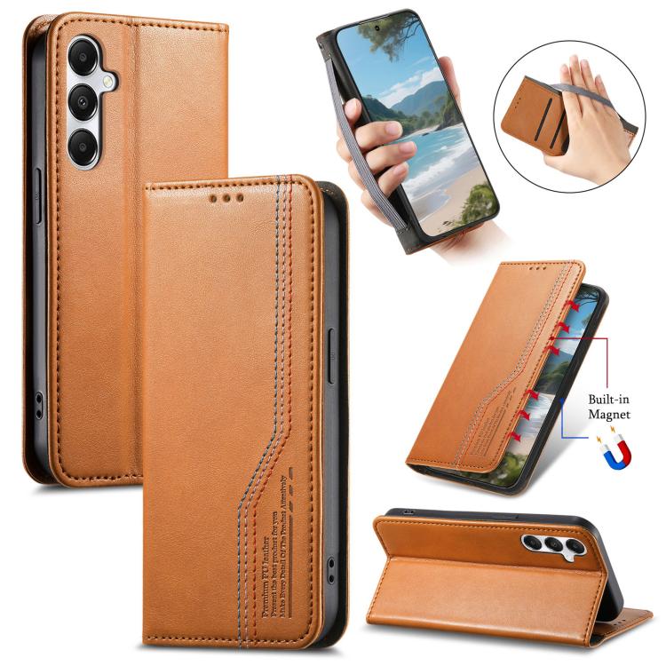 Funda de cuero con correa elástica y ventosa magnética para Samsung Galaxy A35 5G (marrón)