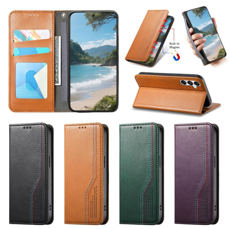 Funda de cuero con correa elástica y ventosa magnética para Samsung Galaxy M15 5G (morado)