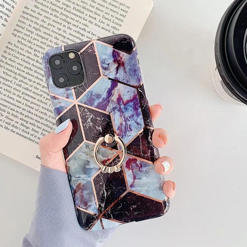 Funda TPU para iPhone 11 Pro Plating Patrón Geométrico Mosaico Mármol con Anillo Soporte Diamantes de Imitación (Negro)