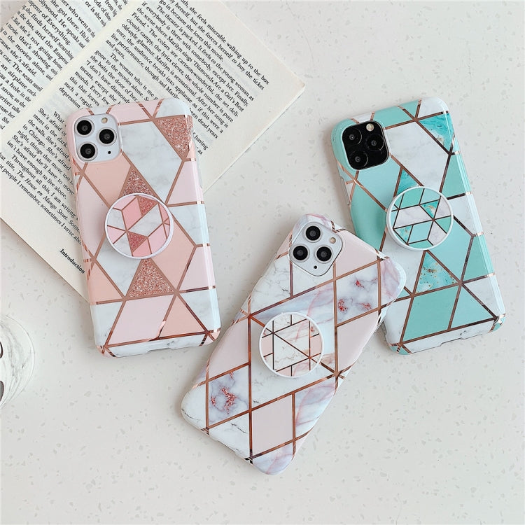 Funda para Teléfono iPhone 11 TPU Patrón Geométrico Mosaico Mármol con Soporte Plegable (Verde)