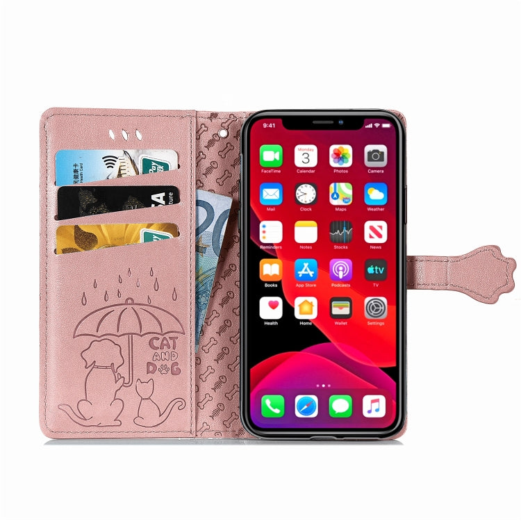 Estuche para iPhone 11 Pro Max Cute Cat And Dog Cuero PU con Tapa Horizontal en Relieve Soporte Ranura Tarjeta Billetera Cordón (Oro Rosa)