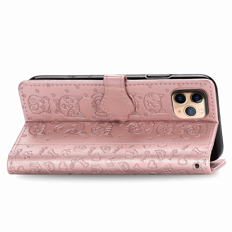 Estuche para iPhone 11 Pro Max Cute Cat And Dog Cuero PU con Tapa Horizontal en Relieve Soporte Ranura Tarjeta Billetera Cordón (Oro Rosa)