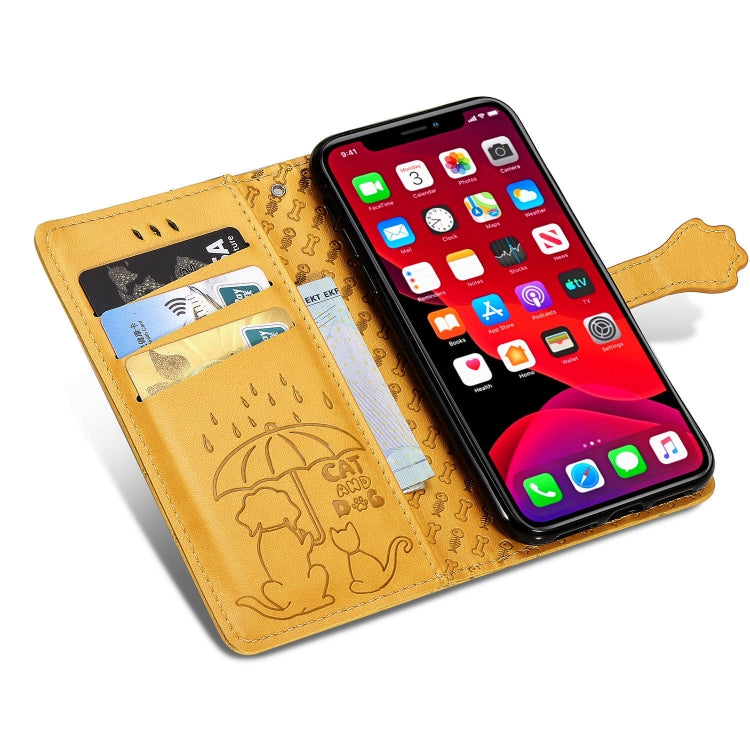 Estuche para iPhone 11 Pro Max Cute Cat And Dog Cuero PU Tapa Horizontal En Relieve Soporte Ranura Tarjeta Billetera Cordón (Amarillo)