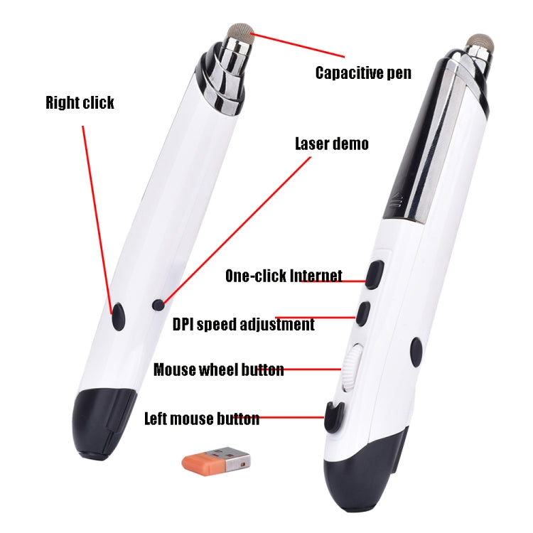 Ratón Inalámbrico Pr-08 1600Dpi 6 Teclas 2.4G Pizarra Electrónica Bolígrafo Multifunción Ppt Flip Pen (Blanco)