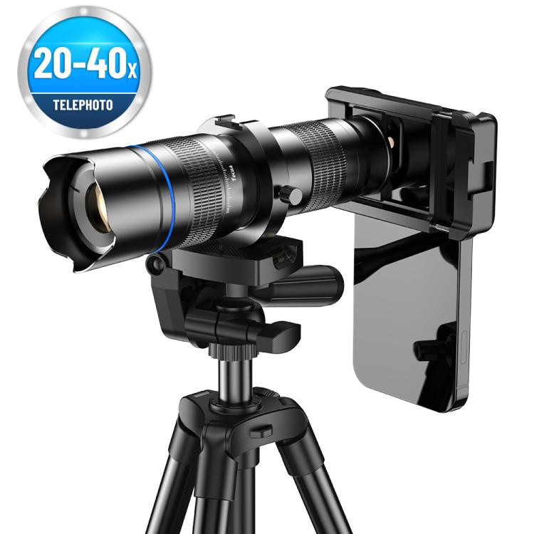 APEXEL APL-20-40XCR50 Kit de lente con zoom para teléfono (20-40X) y trípode ajustable de 42-129 cm, teleobjetivo HD para fotografía de la luna y conciertos.