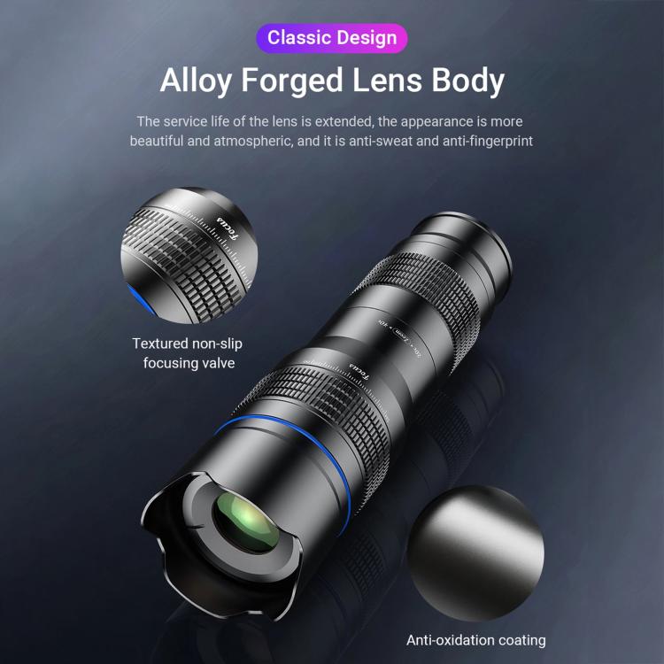 APEXEL APL-20-40XCR50 Kit de lente con zoom para teléfono (20-40X) y trípode ajustable de 42-129 cm, teleobjetivo HD para fotografía de la luna y conciertos.