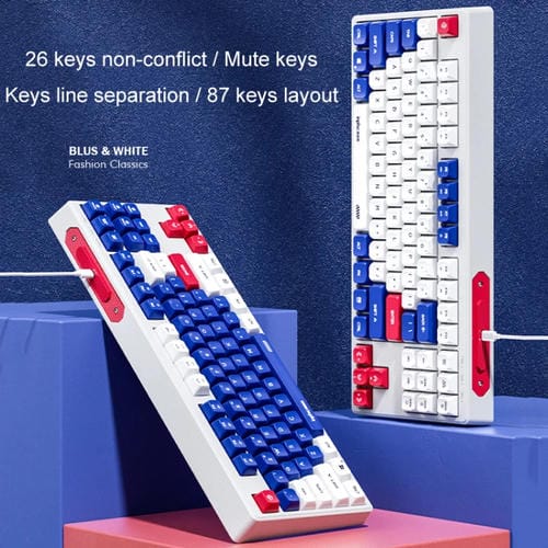 Teclado Mecánico con Cable Inphic K902 de 87 Teclas con Luz y Silencio para Juegos Oficina y Hogar (Azul y Blanco)