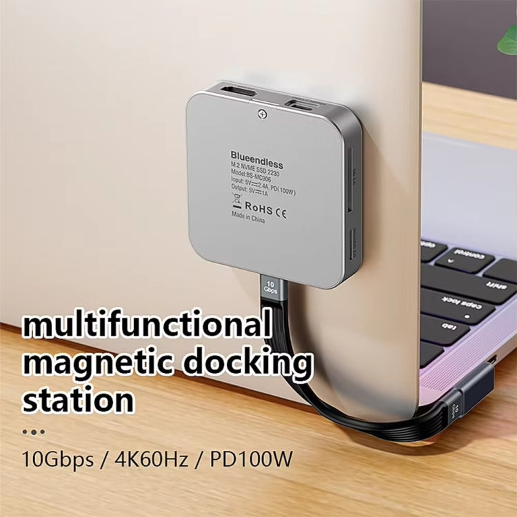 Concentrador Magnético 8 en 1 Blueendless con Carcasa SSD M.2 Nvme/Sata HDMI PD 100W USB-C 3.2 USB-A 3.2 SD TF Aux